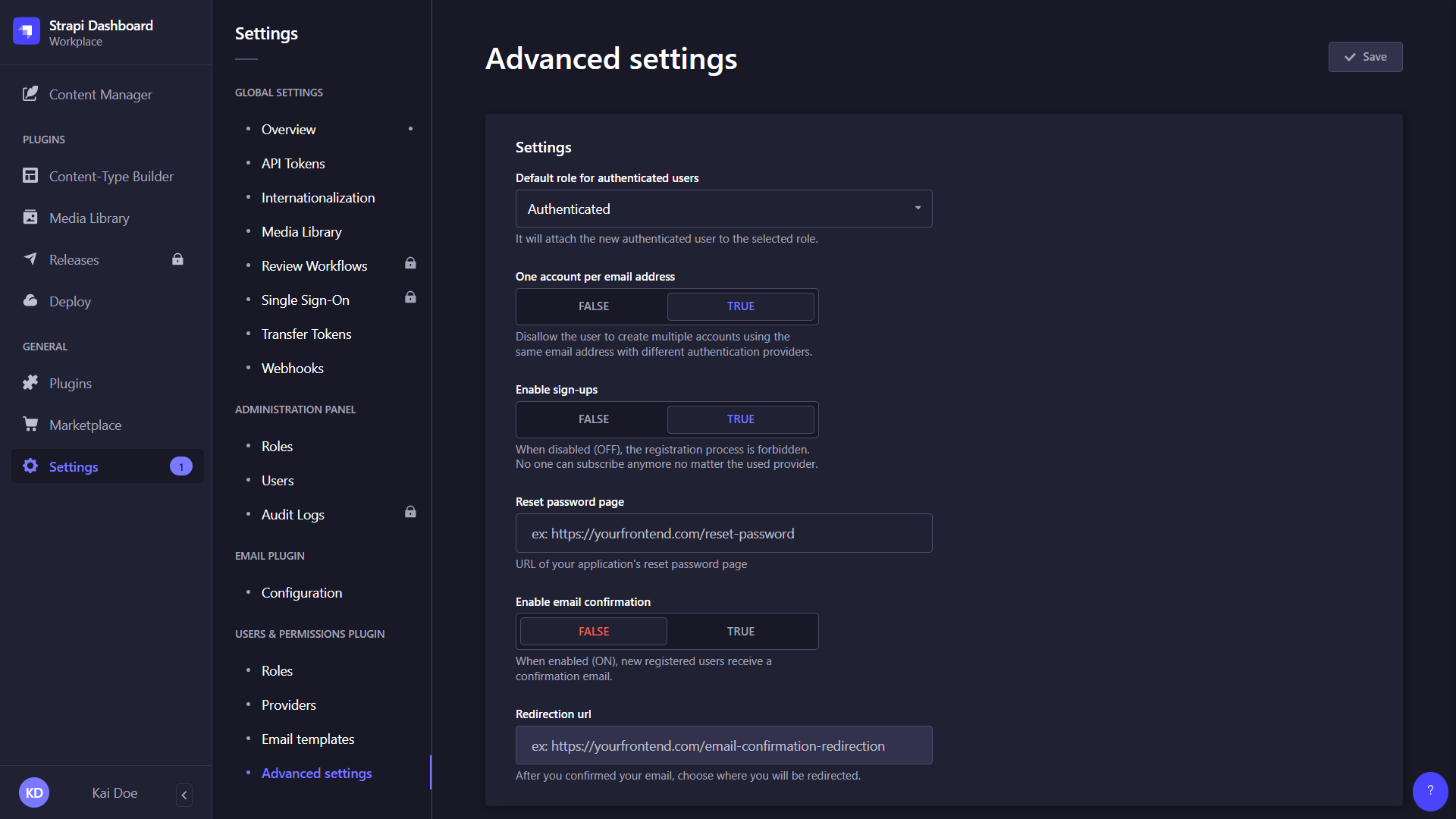 Advanced settings interface